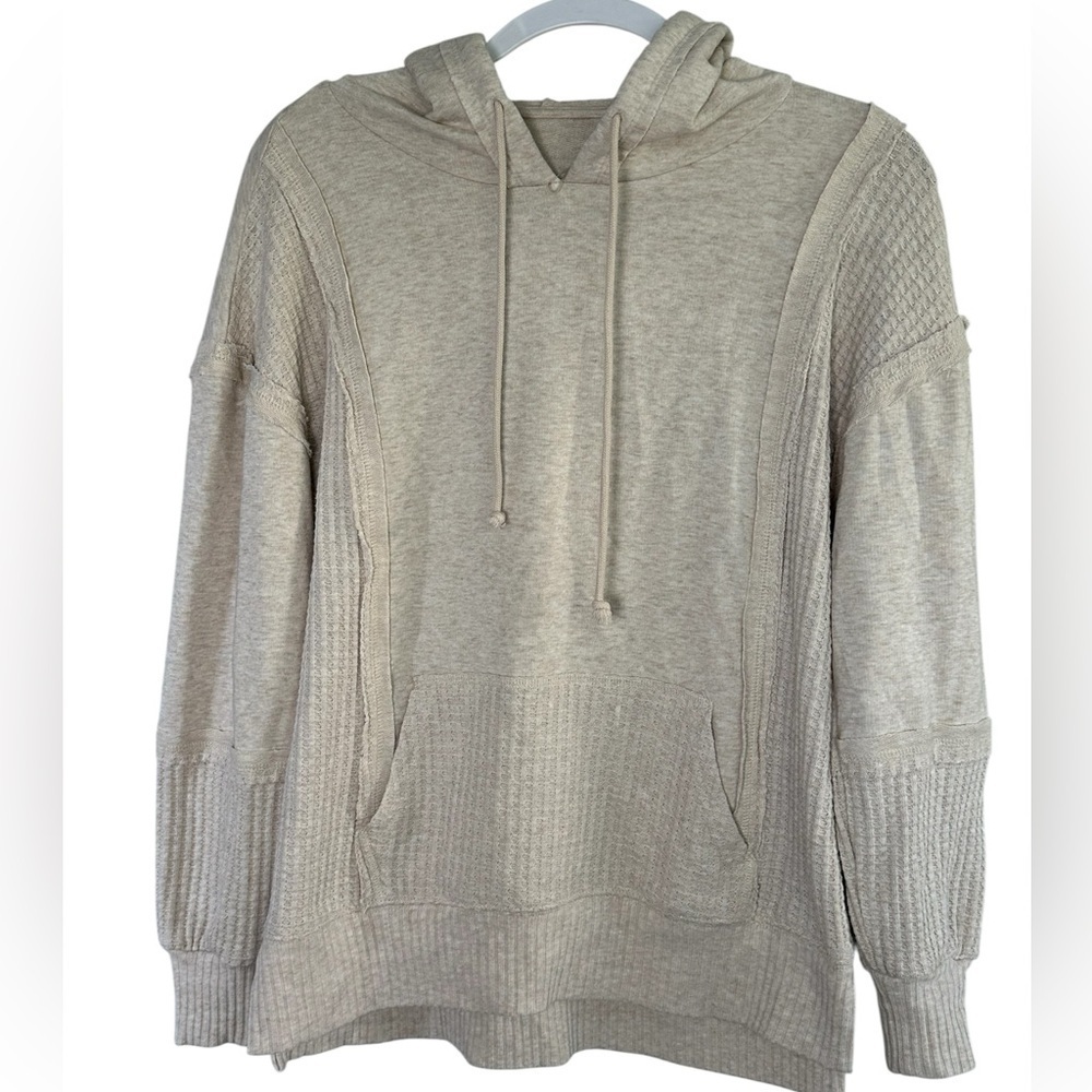 Over sized Beige Waffle Hoodie Sz S Soft French Terry Cozy Minimalist 162